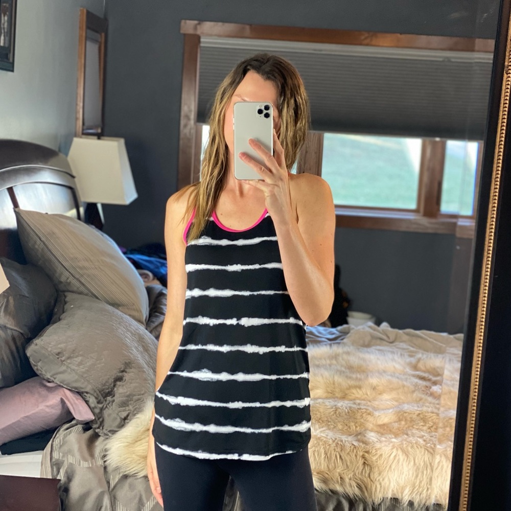 Reebok Racerback Workout Tank Top Small Black Pink Striped Athletic